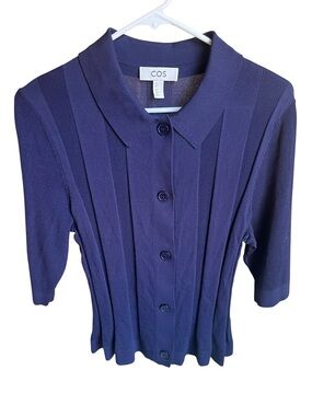 COS Navy Knit Cardigan Sweater Top Collared Button Front Minimalist M